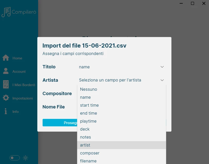 Importa un CSV o TXT in Compilerò e associa proprietà